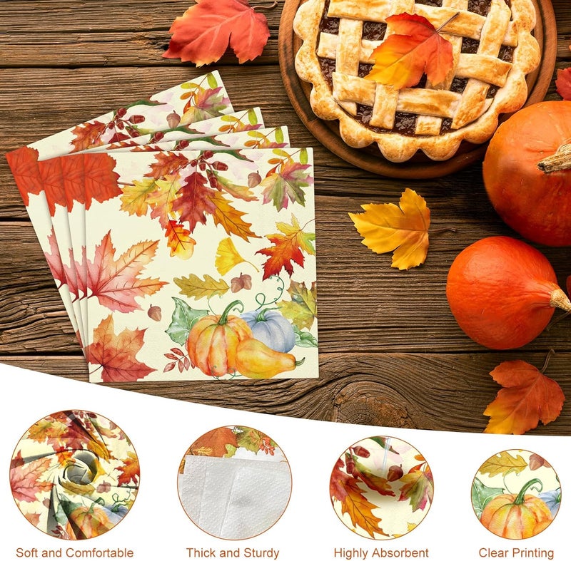 Tbsone 50-PK Fall Thanksgiving Paper Napkins: Disposable 3-Ply Luncheon Napkin with Maple Leaf & Pumpkin Design, Autumn Table Decor for Dinner, Friendsgiving, Wedding, and Party - Image 3